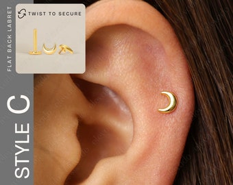 Celestial Earring Set: 16G/18G Gold Star, Moon, Sun Flat Back