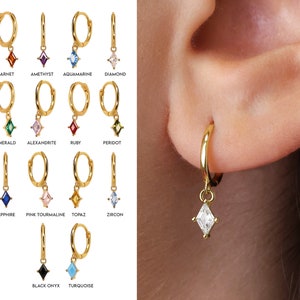 NEW ‣ Diamond Birthstone Dangle Hoop Earrings • birthstone hoops • gold hoop earrings • delicate birthstone earrings • minimalist hoops