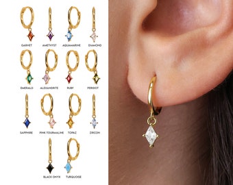 NEW ‣ Diamond Birthstone Dangle Hoop Earrings • birthstone hoops • gold hoop earrings • delicate birthstone earrings • minimalist hoops