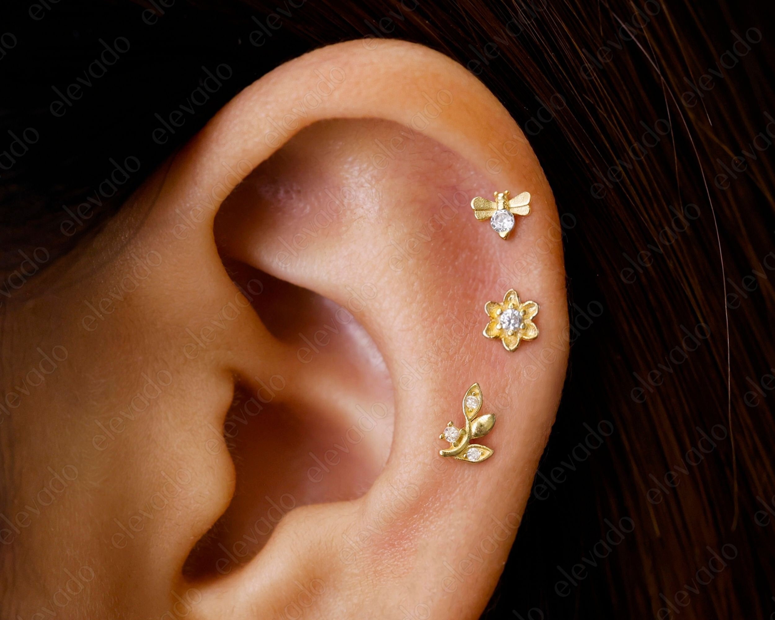 Set of 3 • 16G/18G Floral Flat Back Labret Earring Set • Flower Cartilage Earrings • Helix Earrings • Tragus Earring • Nature Conch Earring