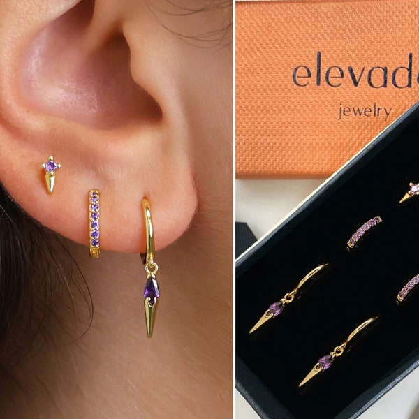 Conjunto de pendientes de aro delicados con amatista, piedra natal • Regalos personalizados • Regalo para mamá • Regalos para ella • Regalo para damas de honor • Regalo de cumpleaños