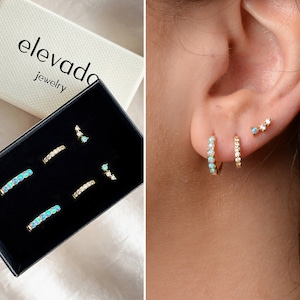 Blue Opal x CZ Hoop Earring Gift Set • stud earrings • hoop earrings • earring set • gift ready • gift for her • opal earrings • gift set