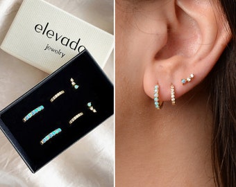 Blue Opal x CZ Hoop Earring Gift Set • stud earrings • hoop earrings • earring set • gift ready • gift for her • opal earrings • gift set