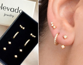 White Opal x CZ Earring Gift Set • stud earrings • hoop earrings • earring set • gift ready • gift for her • christmas gift • gift set