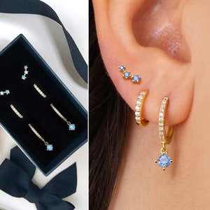 Aquamarijn hanger oorbel cadeauset • Geboortesteenoorbel • Huggie Hoop Earring • oorbellenset • cadeau voor haar • cadeau voor moeder • cadeauset voor de feestdagen