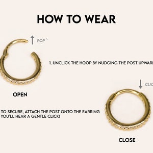 K&ouml;nnte beinhalten: Wie man einen goldenen Creolenohrring mit einer Reihe kleiner, klarer Steine tr&auml;gt. Der Ohrring ist offen und der Stift wird nach oben geschoben, um die Creole zu &ouml;ffnen. Der Ohrring ist geschlossen und der Stift wird nach unten gedr&uuml;ckt, um die Creole zu schlie&szlig;en. Der Text "POP" wird &uuml;ber dem offenen Ohrring angezeigt und der Text "CLICK" wird &uuml;ber dem geschlossenen Ohrring angezeigt.