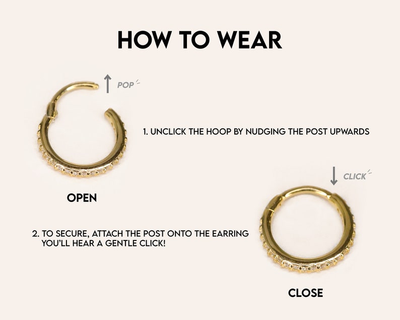 K&ouml;nnte beinhalten: Wie man einen goldenen Creolenohrring mit einer Reihe kleiner, klarer Steine tr&auml;gt. Der Ohrring ist offen und der Stift wird nach oben geschoben, um die Creole zu &ouml;ffnen. Der Ohrring ist geschlossen und der Stift wird nach unten gedr&uuml;ckt, um die Creole zu schlie&szlig;en. Der Text "POP" wird &uuml;ber dem offenen Ohrring angezeigt und der Text "CLICK" wird &uuml;ber dem geschlossenen Ohrring angezeigt.
