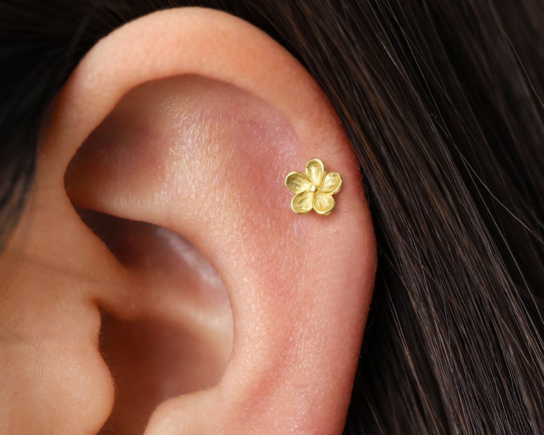 18G/16G Dainty Flower Cartilage Gold Stud Earrings tragus stud flower conch earrings cartilage helix stud flat back labret stud image 1