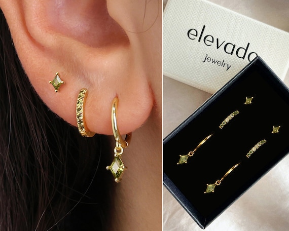 Peridot Charm Hoop Earring Set Dangle Peridot Hoop Earrings Huggie
