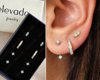 Blue Fire Opal Inlay Earring Stack Set • gift for her • bridesmaid gift • gold hoop earrings • minimalist earrings • opal earrings • elevado