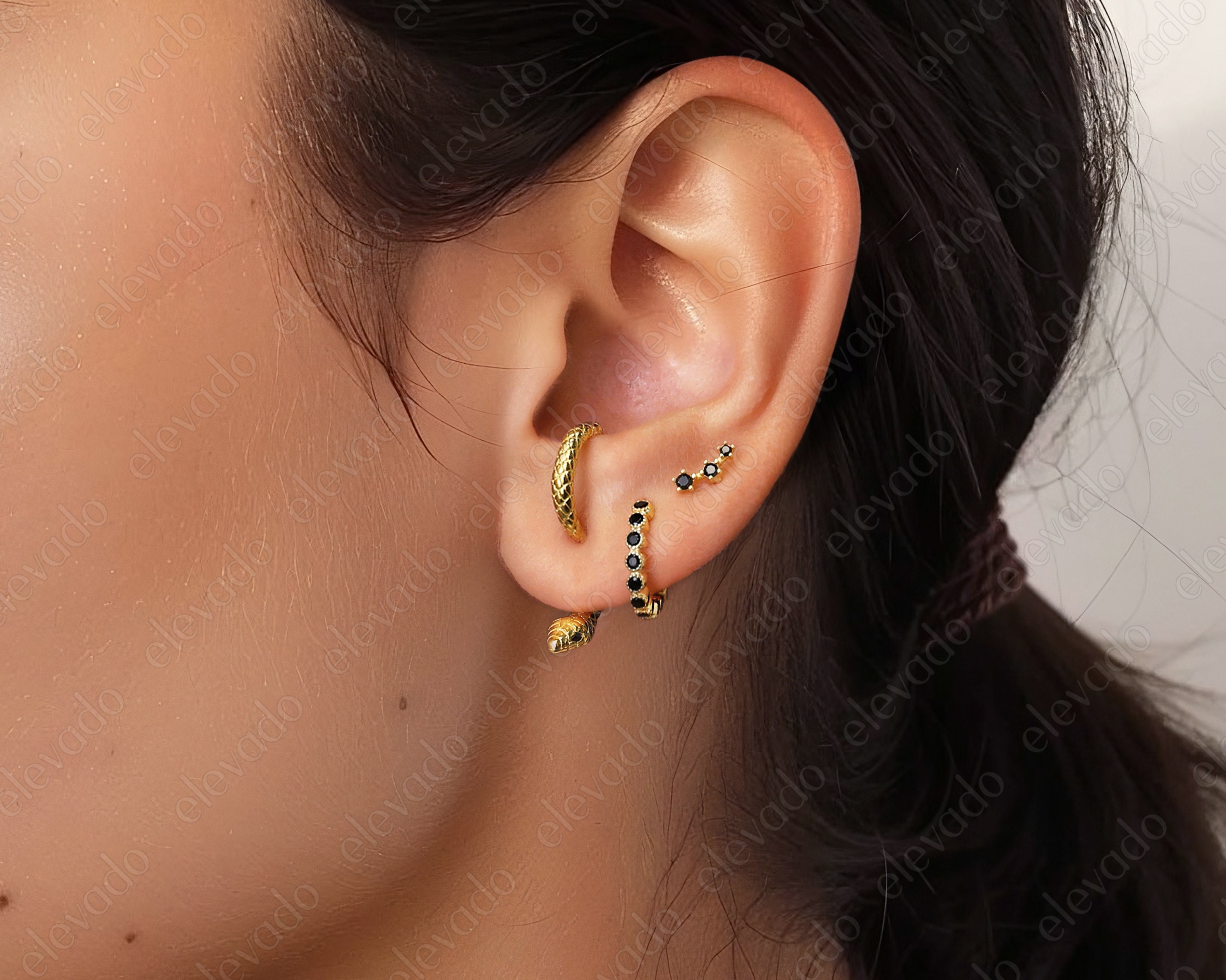 Black Onyx Serpent Front Back Earring Set • huggie hoop • minimalist earrings • snake earrings • serpent earrings • elevado jewelry
