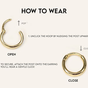 K&ouml;nnte beinhalten: Wie man einen goldenen Creolen-Ohrring tr&auml;gt. Der Ohrring ist offen und der Stift wird nach oben geschoben. Der Ohrring ist geschlossen und der Stift wird eingerastet.