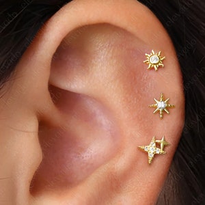 Set of 3 • 16G/18G Celestial Flat Back Earring Set • 925 Sterling Silver • Cartilage Earrings • Celestial Helix Earrings • Tragus Earrings