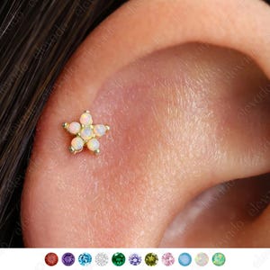 18G/16G Opal Flower Cartilage Gold Stud Earrings • tragus stud  • flower conch earrings • cartilage helix stud • flat back labret stud