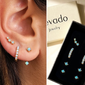 Blue Fire Opal Earring Stack Set • gift for her • bridesmaid gift • gold hoop earrings • minimalist earrings • opal earrings • elevado