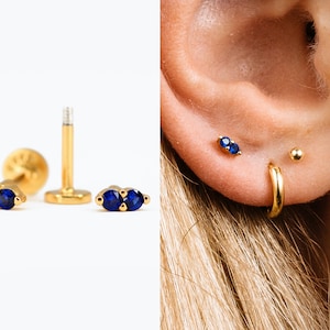 18G/16G Twin Sapphire Cartilage Flat Back Labret • conch earrings • tiny studs •  cartilage stud • helix stud • tragus studs • labret stud