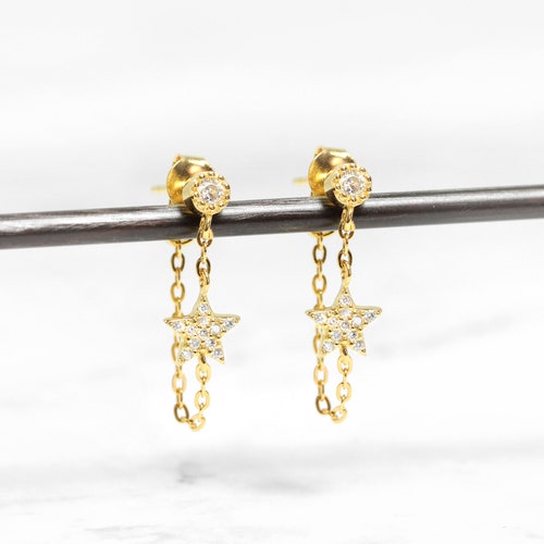 Star Chain Dangle Earrings Chain Stud Earrings Gold Star Etsy