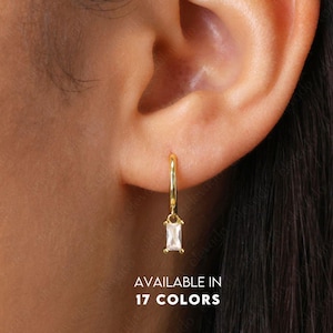 Birthstone Baguette Hoop Dangle Earrings • birthstone hoops • gold hoop earrings • delicate birthstone earrings • minimalist hoops • elevado