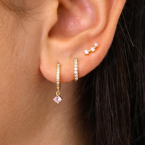Pink Tourmaline Dangle Earring Gift Set • Birthstone Earring • Huggie Hoop Earring • earring gift for her • gift for mom • holiday gift set