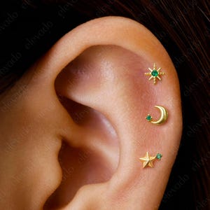 Set of 3 • 16G/18G Emerald Celestial Flat Back Earring Set • Star Cartilage Earrings • Moon Helix Earring • Tragus Earrings • Conch Earring