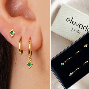 Emerald Dangle Hoop Earrings Set • charm hoops • huggie earring • hoop earrings • delicate earrings • minimalist hoops • elevado jewelry