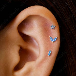 Set of 3 • 16G/18G Aquamarine Floral Earring Set • Marquise Cartilage Earrings • Marquise Helix Earrings • Tragus Earring • Conch Earring