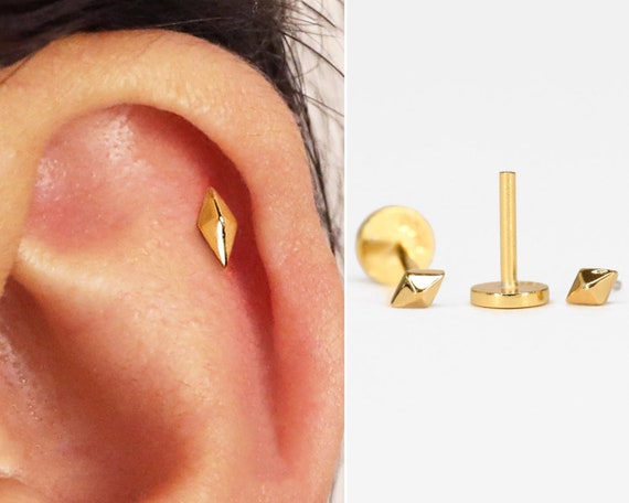 20g/18g/16g Threadless Gold Push Pin Labret Stud * Solid 925 Sterling Silver * Tragus Stud * Flat Back Earring * Helix * Conch