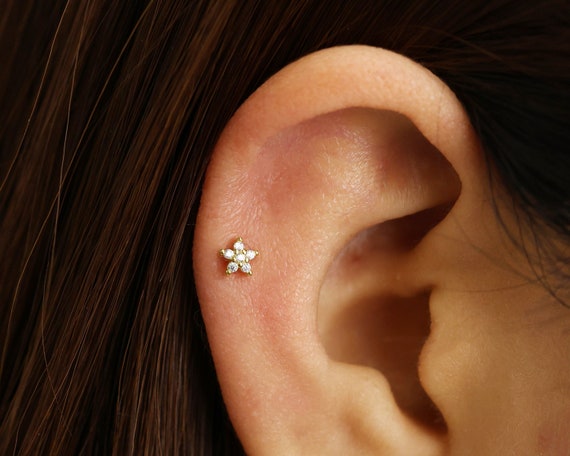 16g Flower CZ Flat Back Stud Earrings, Cartilage Earring