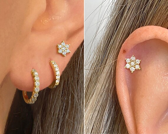 Delicate Real Solitaire Tragus Stud Piercing Gold Helix Stud