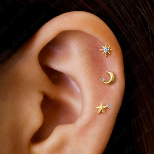 Set of 3 • 16G/18G Aquamarine Celestial Flat Back Earring Set • Star Cartilage Earrings • Helix Earrings • Tragus Earrings • Conch Earring