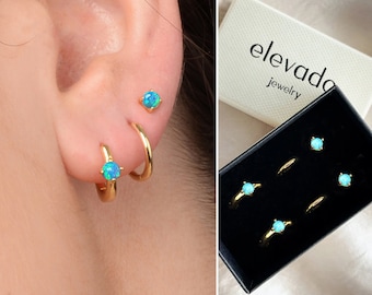 Blue Fire Opal Earring Gift Set • opal hoop earrings • opal earring set • gift ready • gift for her • christmas gift • gift set