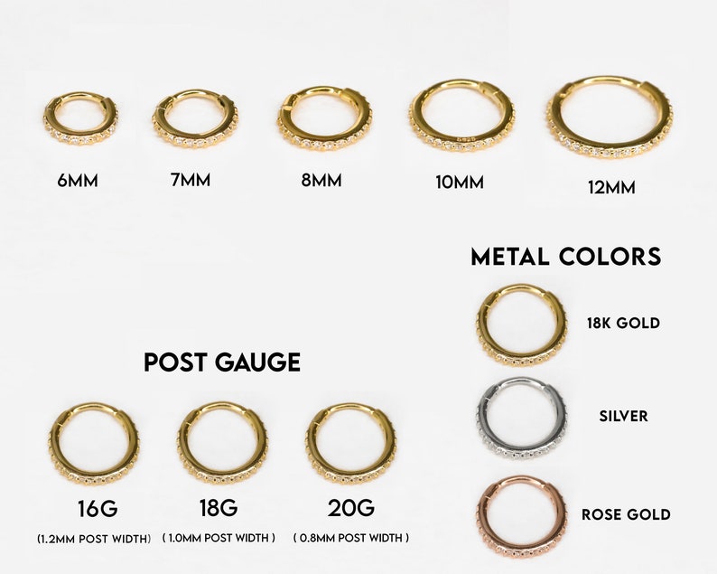 May include: A collection of gold, silver, and rose gold hoop earrings with various sizes and post gauges. The earrings are adorned with small, sparkling stones. Sizes range from 6mm to 12mm, with post gauges of 16G, 18G, and 20G.