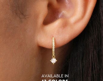 Dainty Birthstone Dangle Hoop Earrings • gold hoop earrings • delicate birthstone earrings • minimalist hoops • birthstone charm hoops