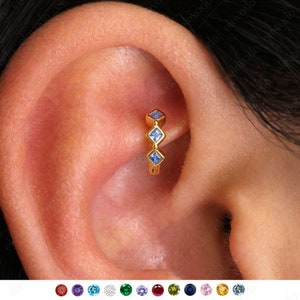 Aquamarine Birthstone Bezel Rook Hoop Earring • bezel stone helix hoop • rook earring • helix diamond hoop • cartilage earring hoop