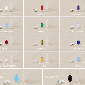 May include: A collection of marquise-cut gemstone stud earrings in silver settings, labeled with names including Diamond, Garnet, Amethyst, Aquamarine, Emerald, Alexandrite, Ruby, Peridot, Sapphire, Pink Tourmaline, Topaz, Zircon, Turquoise, and Black Onyx.