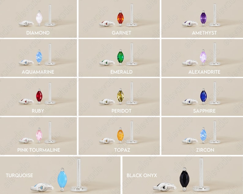May include: A collection of marquise-cut gemstone stud earrings in silver settings, labeled with names including Diamond, Garnet, Amethyst, Aquamarine, Emerald, Alexandrite, Ruby, Peridot, Sapphire, Pink Tourmaline, Topaz, Zircon, Turquoise, and Black Onyx.