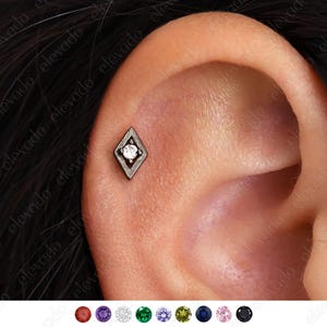 Labret con parte trasera plana de diamante negro y metalizado de 18 g/16 g • piercing para trago • piercing para hélix • pendiente para cartílago • joyería minimalista