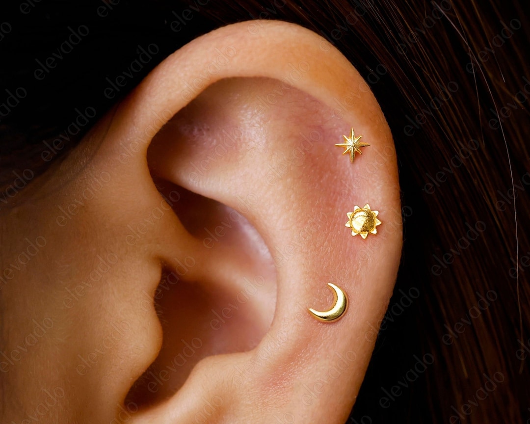 Celestial Earring Set: 16G/18G Gold Star, Moon, Sun Flat