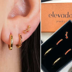 Garnet Huggie Hoop Earring Stack • cadeau voor haar • cadeau voor bruidsmeisje • Moederdagcadeau • gouden oorbel • minimalistische geboortesteenoorbellen