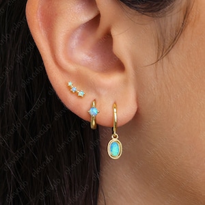 Blue Opal Hoop Earring Stack Set • gift for her • gold opal hoop earrings • minimalist earrings • opal earrings • opal jewelry