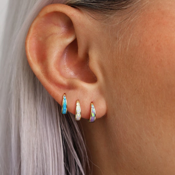 Opal Inlay Tapered Huggie Hoop Earrings • Gold Hoop Earrings