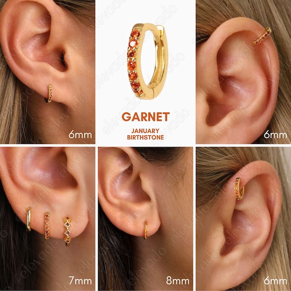 Garnet Huggie Hoop Earrings • gold helix hoop • cartilage hoop • ear stack • paved ring hoop • tragus hoop • small helix hoop