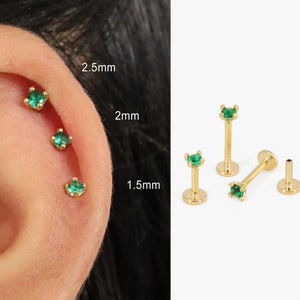 18G/16G Emerald Threadless Push Pin Labret Stud • Solid 925 Sterling Silver • Flat Back Earring • Tragus Stud • Helix • Conch Earrings