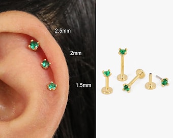 18G/16G Emerald Threadless Push Pin Labret Stud • Solid 925 Sterling Silver • Flat Back Earring • Tragus Stud • Helix • Conch Earrings