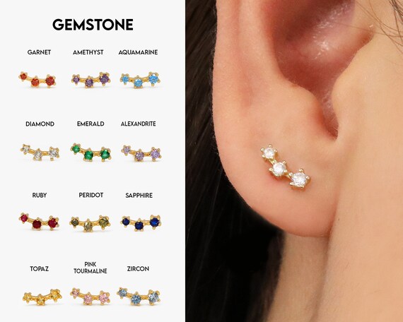 NEW Birthstone Tiny Climber Stud Earrings CZ Dainty Earrings Gold