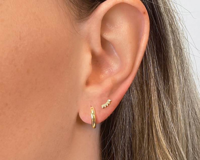 May include: Gold hoop earrings and a small gold earring with five small diamonds in a curved line.