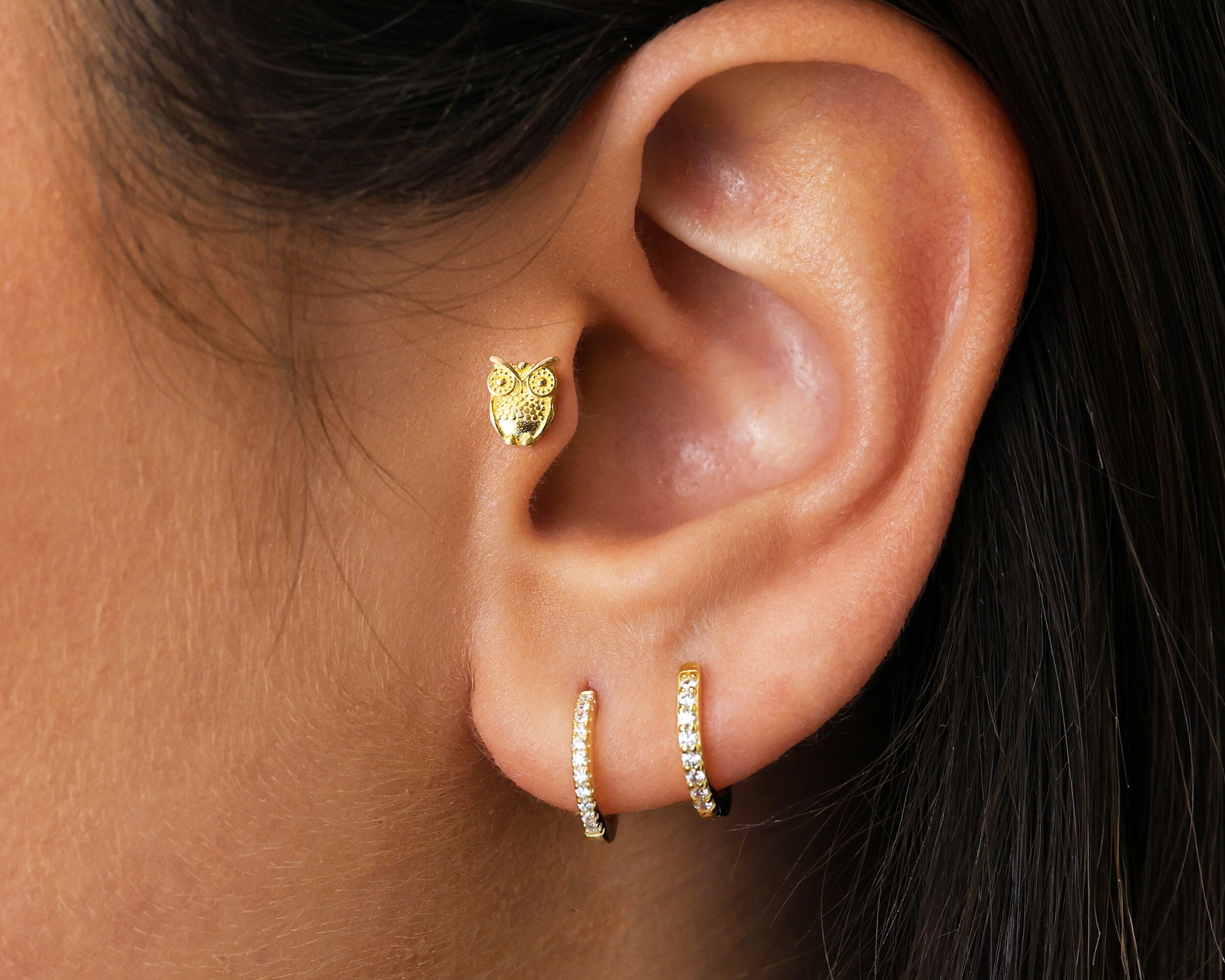 18G Dainty Owl Cartilage Flat Back Labret Stud • cute stud earrings • tragus stud • f