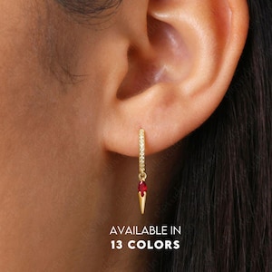Ruby Spike Charm Paved Hoop Earrings • birthstone earrings • gold hoop earrings • silver earrings • elevado jewelry