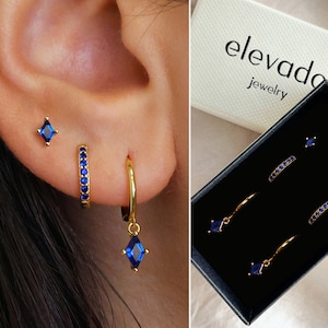 Classic Sapphire Diamond Huggie Hoop Gift Set • Dainty Hoop Earrings • earring set • gift ready • gift for her • gift for mom • gift set