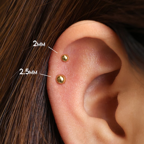 Boucles d'oreilles à tige en or pour cartilage sphère 20G/18G • boucle d'oreille conque sphérique • boucles d'oreilles sans fil • cartilage • hélice • clous tragus • dos plat